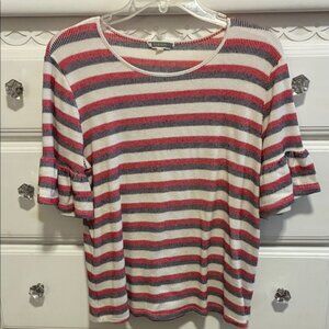 Pleione Multicolor Striped Short Sleeve Sweater- Size Large